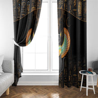 Black sheer-friendly window curtain with winged cat design and gold hieroglyph border