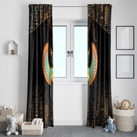 Black curtain panels with winged cat and hieroglyph pattern; arched gold accents