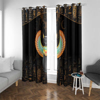 Black window curtain set with winged cat graphics and gold hieroglyph-style print