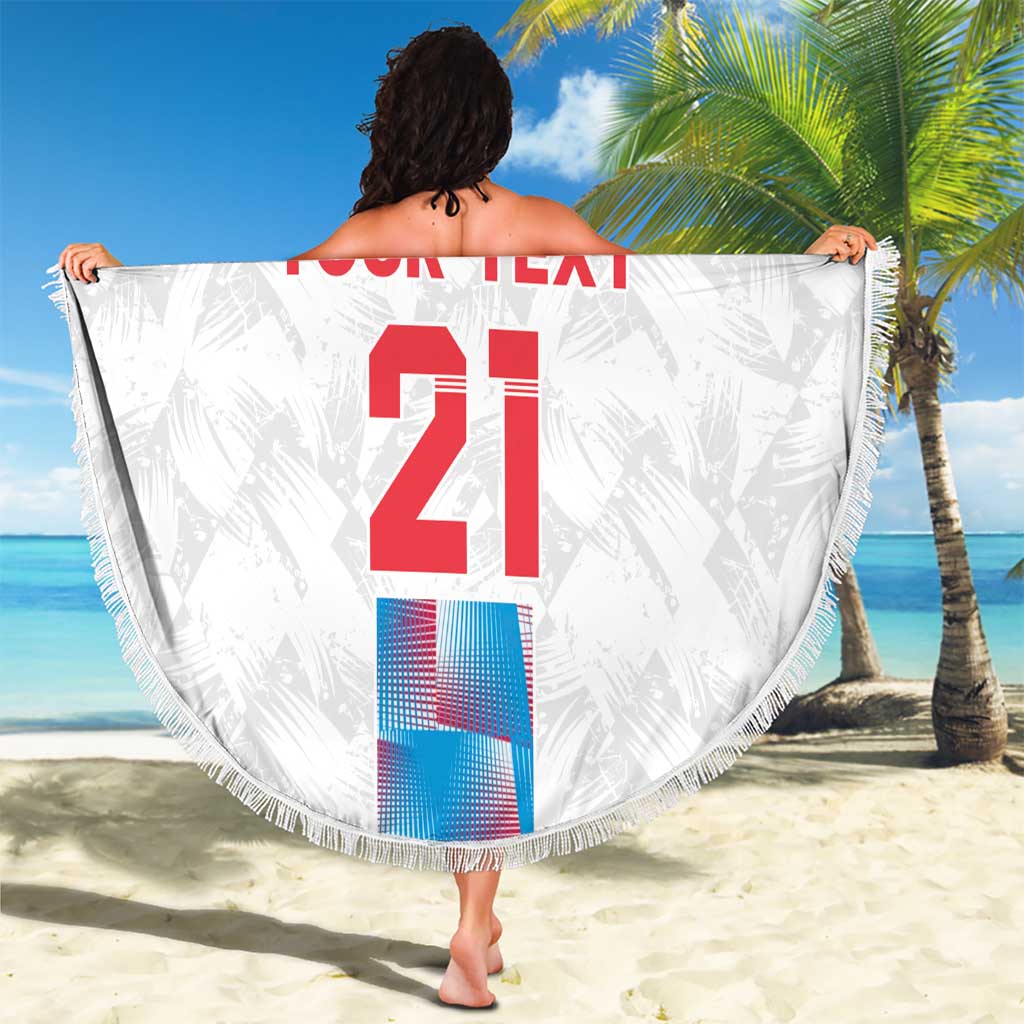 Round white beach blanket with fringe, centered 'YOUR TEXT 21' and Luxembourg crest