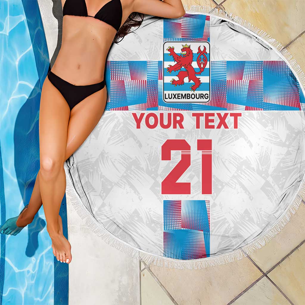 Round white beach blanket with fringe, Luxembourg crest and blue/red 'YOUR TEXT 21' design