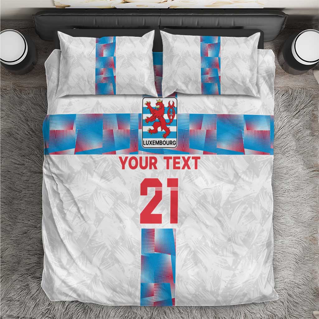 White custom bedding set with blue geometric Luxembourg flag center stripe, pillows included