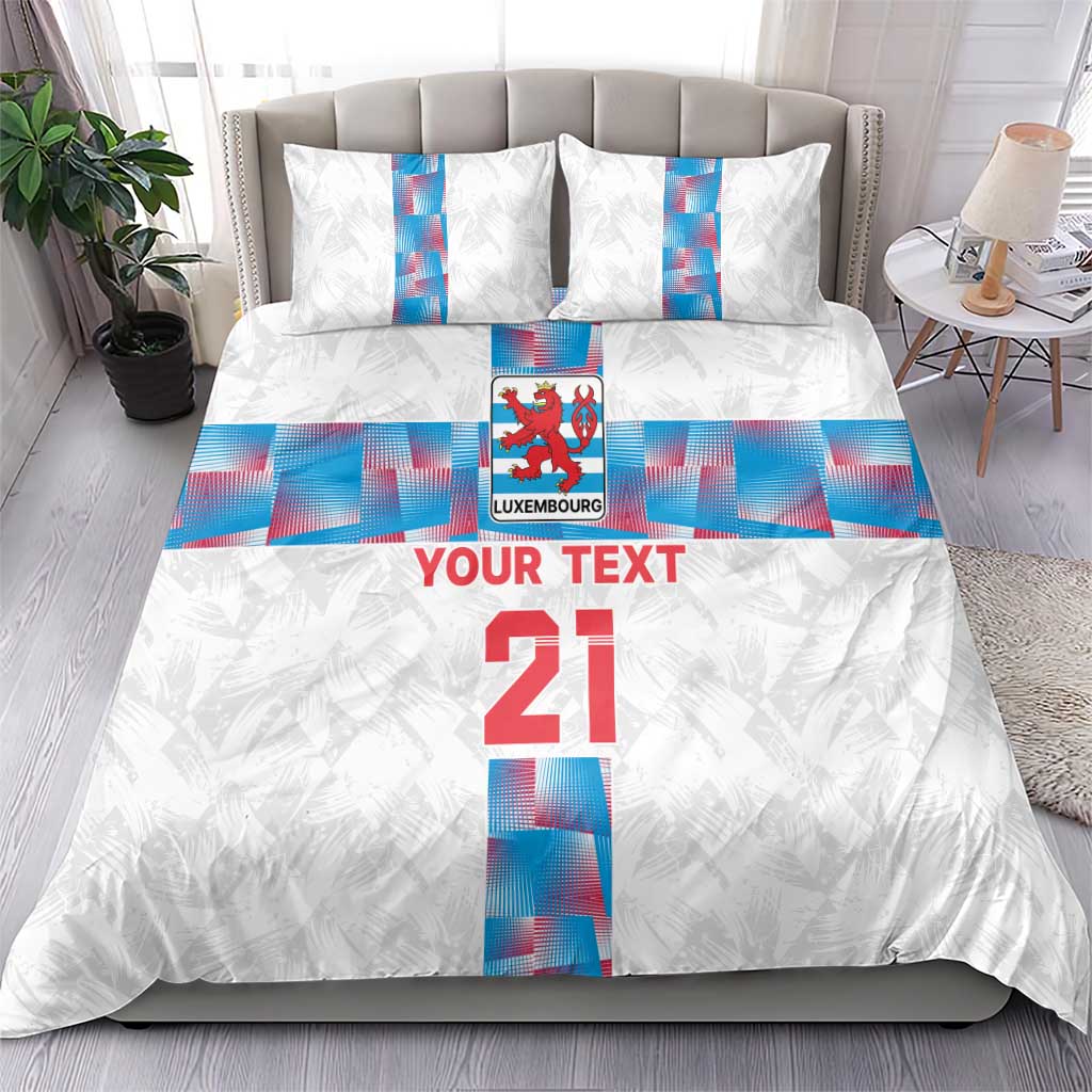 White duvet cover bedding set with two matching pillowcases; blue Luxembourg center stripe