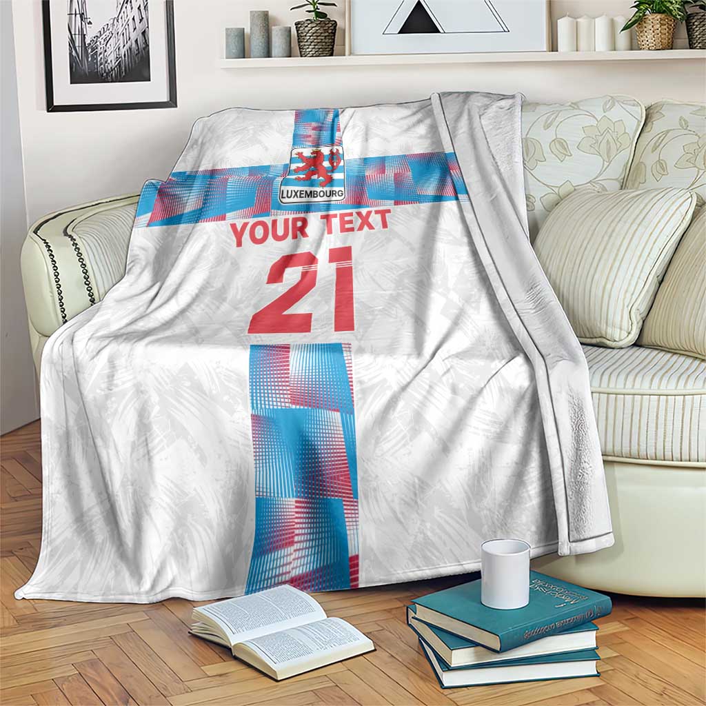 Custom football blanket, white with blue/red stripe design and crest, 'YOUR TEXT' 21