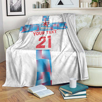 Custom football blanket, white with blue/red stripe design and crest, 'YOUR TEXT' 21
