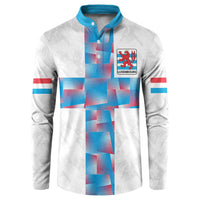 White custom button sweatshirt with teal collar, red-blue cross graphic, Luxembourg crest