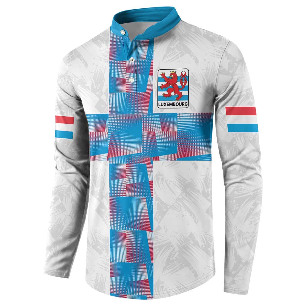 White custom button sweatshirt with teal placket, red-blue cross design, Luxembourg crest