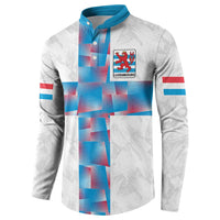 White custom button sweatshirt with teal placket, red-blue cross design, Luxembourg crest
