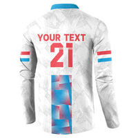 White custom button sweatshirt back with 'YOUR TEXT' 21, red numbers, blue cross panel