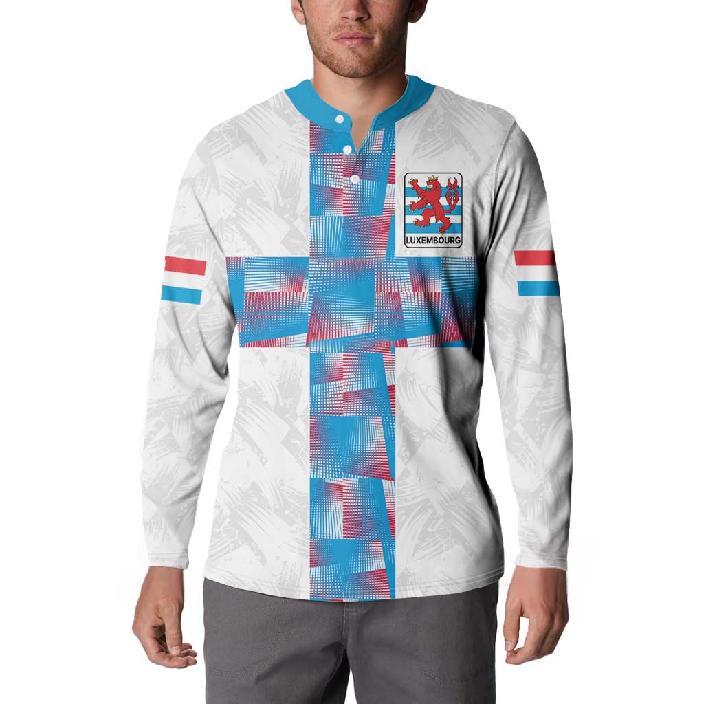 White custom button sweatshirt front with teal placket, Luxembourg crest, red-blue cross
