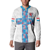 White custom button sweatshirt front with teal placket, Luxembourg crest, red-blue cross