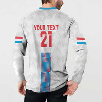White custom button sweatshirt back with 'YOUR TEXT' 21 and blue-red cross, striped sleeves