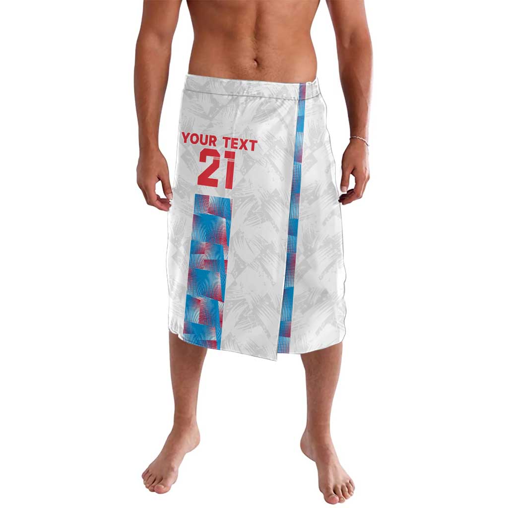 Custom white lavalava skirt with red 'YOUR TEXT 21' and blue vertical panels