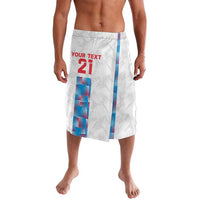 Custom white lavalava skirt with red 'YOUR TEXT 21' and blue vertical panels