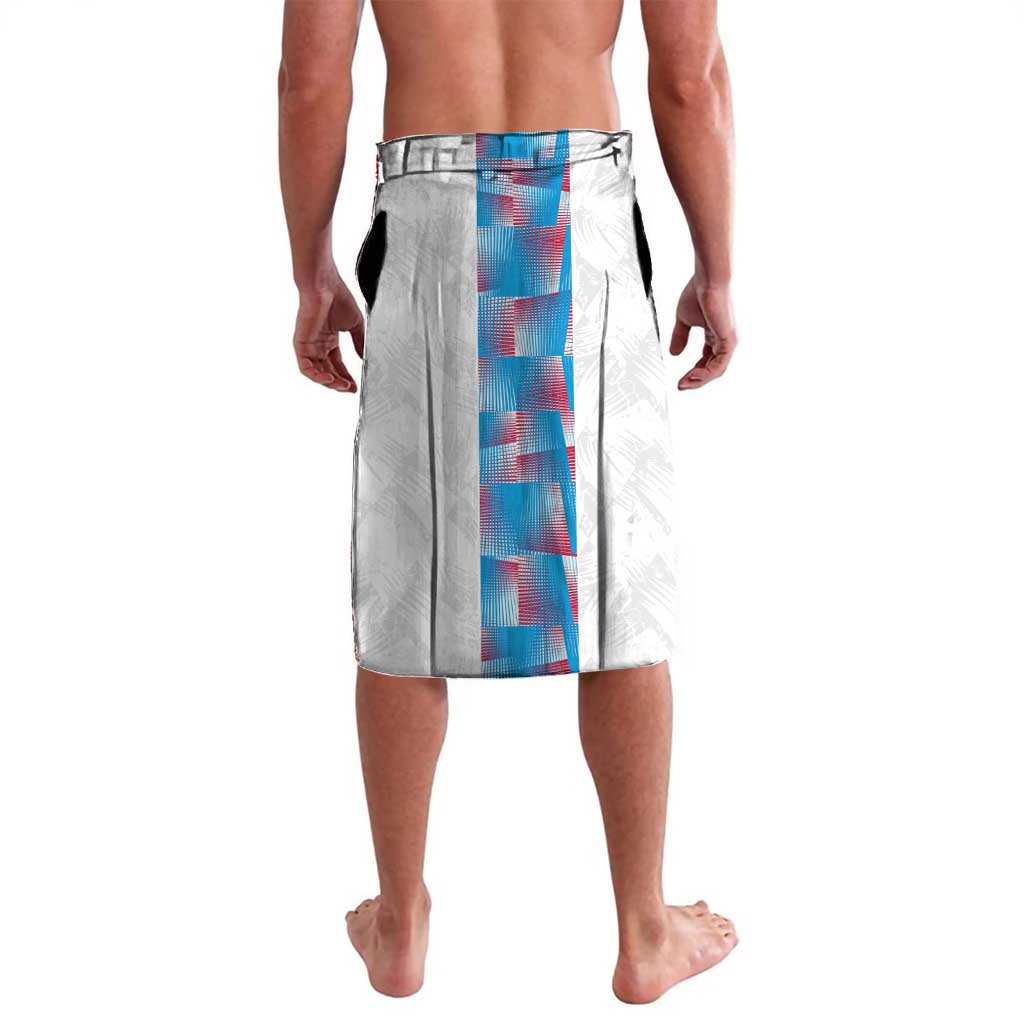 White lavalava skirt with vertical blue-red check graphic stripe and stitched waistband