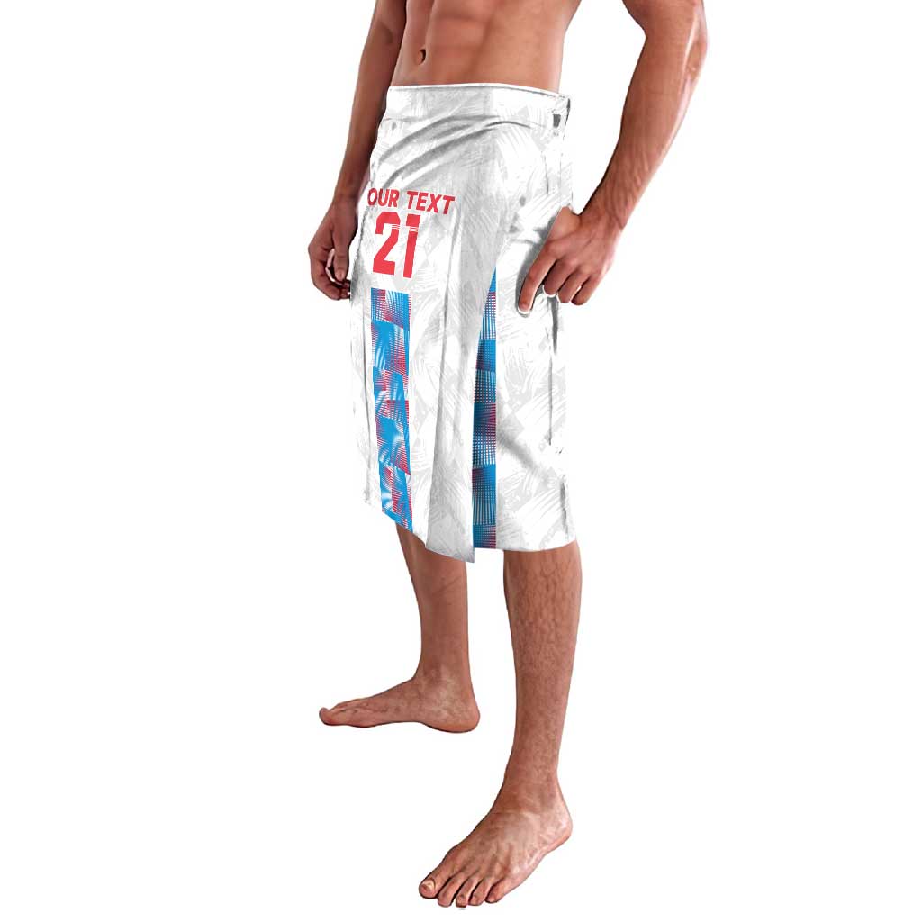 White lavalava skirt with red 'OUR TEXT 21' and blue vertical graphic panels