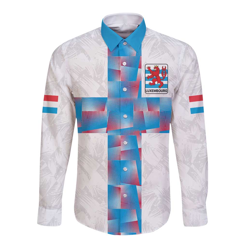 White long-sleeve button football shirt with blue-red check panel and crest