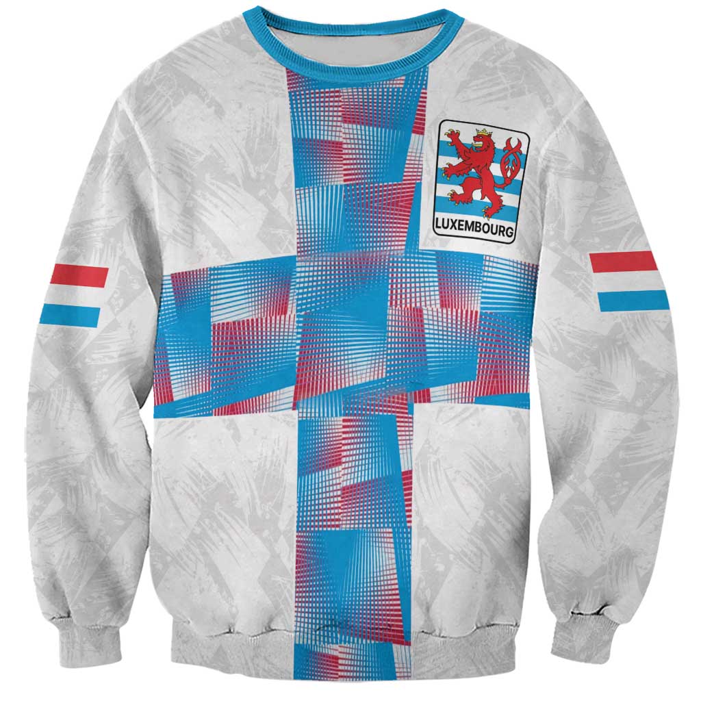 Unisex white custom football sweatshirt with front cross graphic and Luxembourg crest