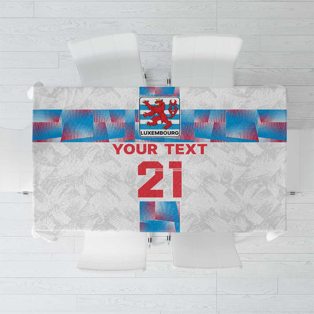 White tablecloth with blue and red sports graphic and large red “21” center panel
