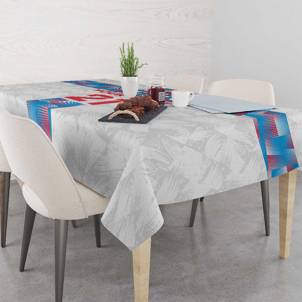 White tablecloth with blue-and-red border and center vertical graphic panel