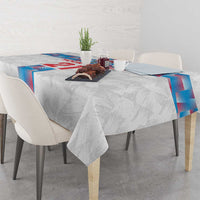 White tablecloth with blue-and-red border and center vertical graphic panel