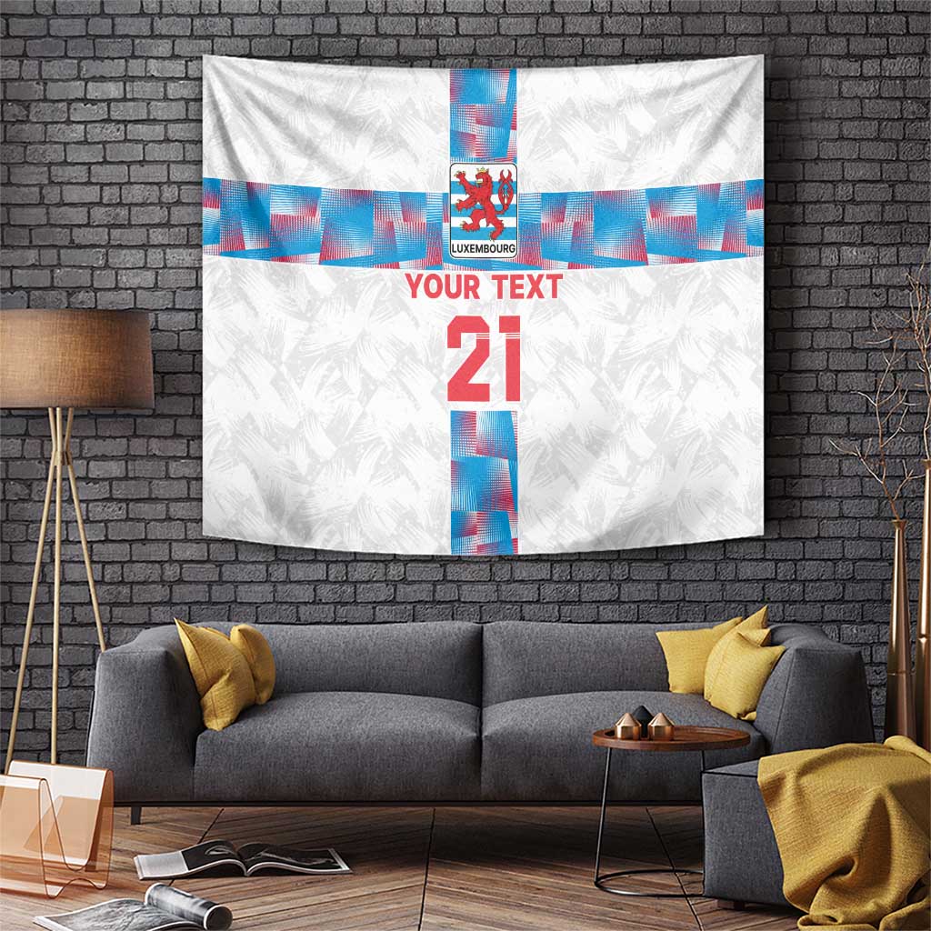 White Luxembourg football custom tapestry with blue cross design and large “21” center.