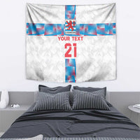 White Luxembourg football tapestry with blue cross, “YOUR TEXT,” and red “21” details.