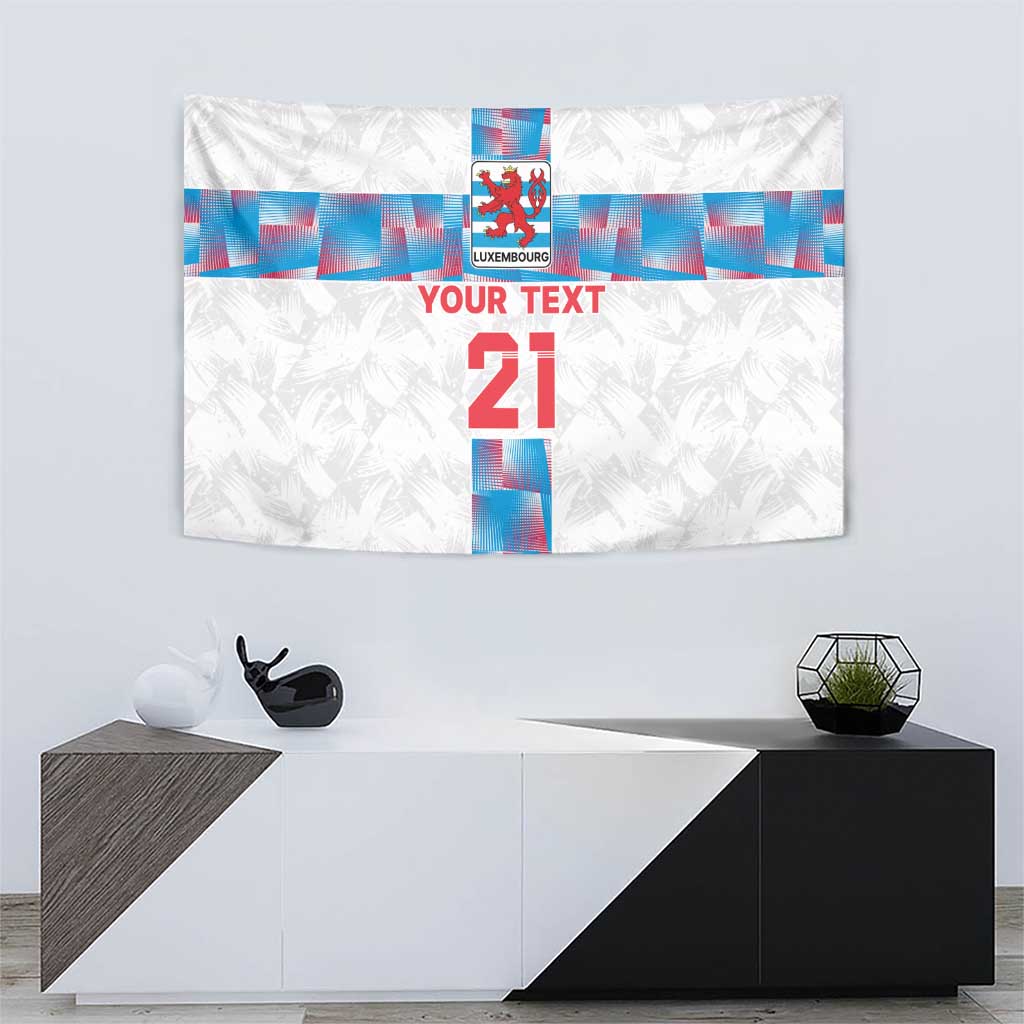 White football tapestry with Luxembourg crest, blue cross, and red “YOUR TEXT 21” front.