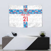 White football tapestry with Luxembourg crest, blue cross, and red “YOUR TEXT 21” front.