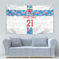 White Luxembourg football custom tapestry showing blue cross stripes and red “21” text.