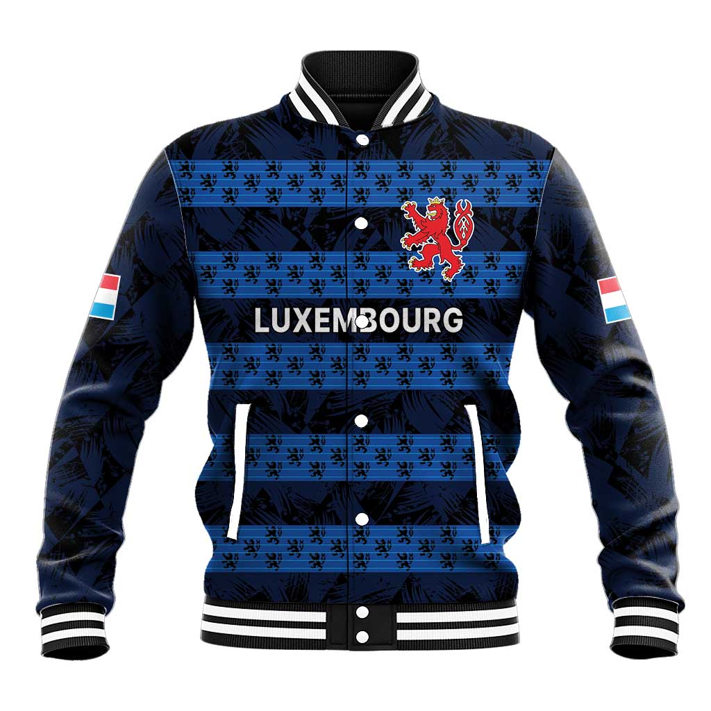 Blue custom baseball jacket with button front, ribbed collar, Luxembourg crest
