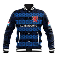 Blue custom baseball jacket with button front, ribbed collar, Luxembourg crest