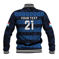 Blue custom baseball jacket with button front, ribbed collar, large number graphic