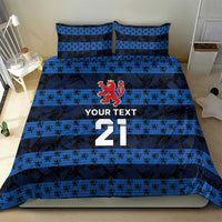 Blue football bedding set with duvet cover and two pillowcases, crest and number 21 print