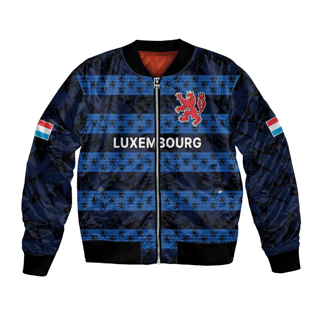 Navy blue bomber jacket with full zip, striped pattern, crest on chest, ribbed hem