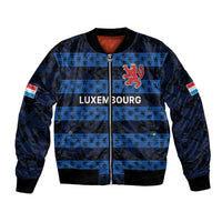 Navy blue bomber jacket with full zip, striped pattern, crest on chest, ribbed hem