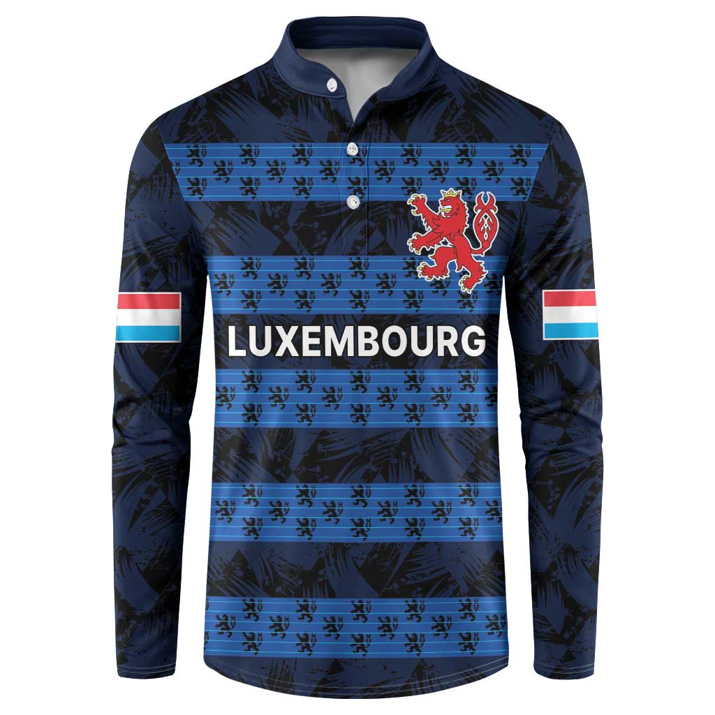 Blue custom button sweatshirt, Luxembourg text, red lion crest, long sleeves