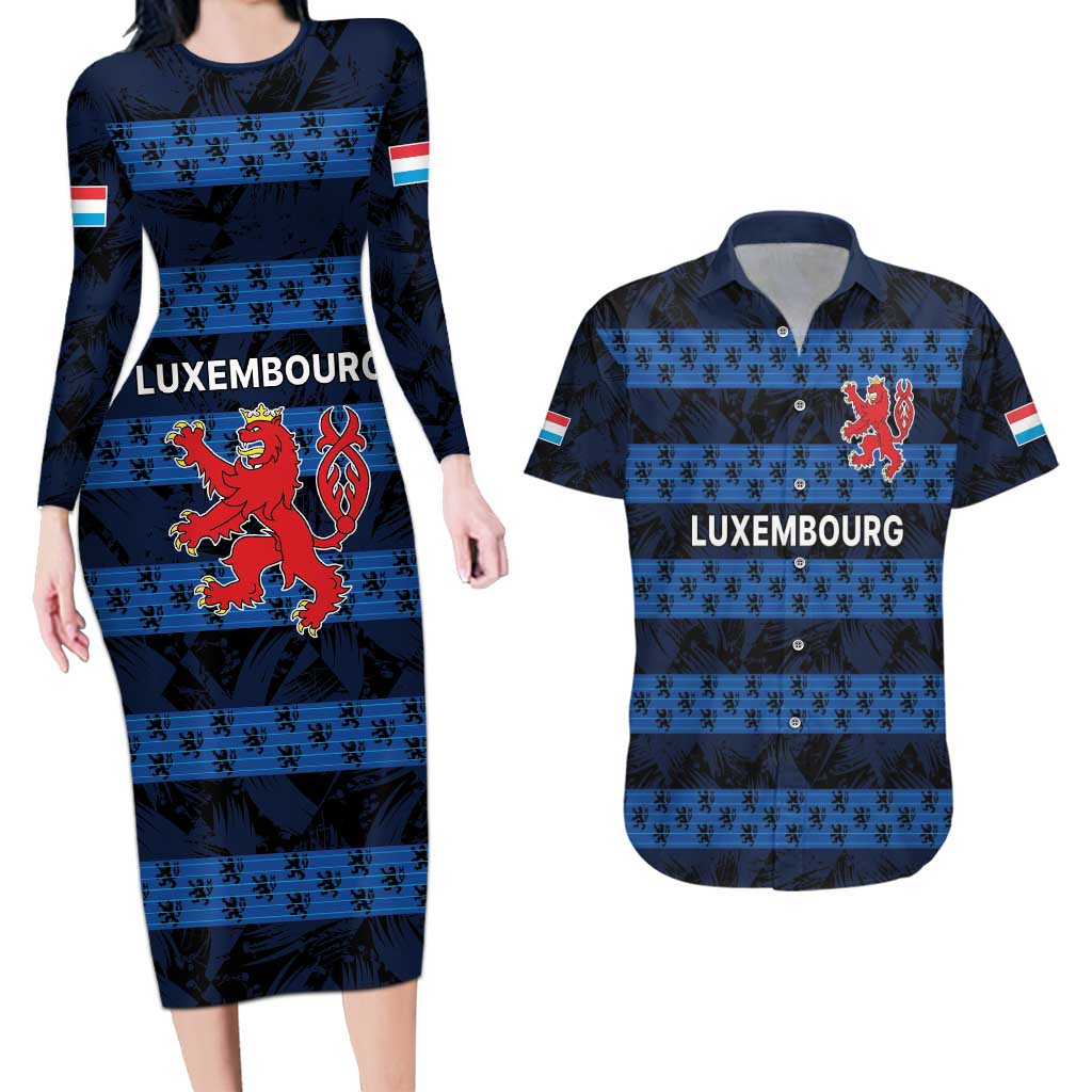 Luxembourg Football Custom Couples Matching Long Sleeve Bodycon Dress and Hawaiian Shirt The Red Lions Tribal Pattern LT9 - Wonder Print Shop