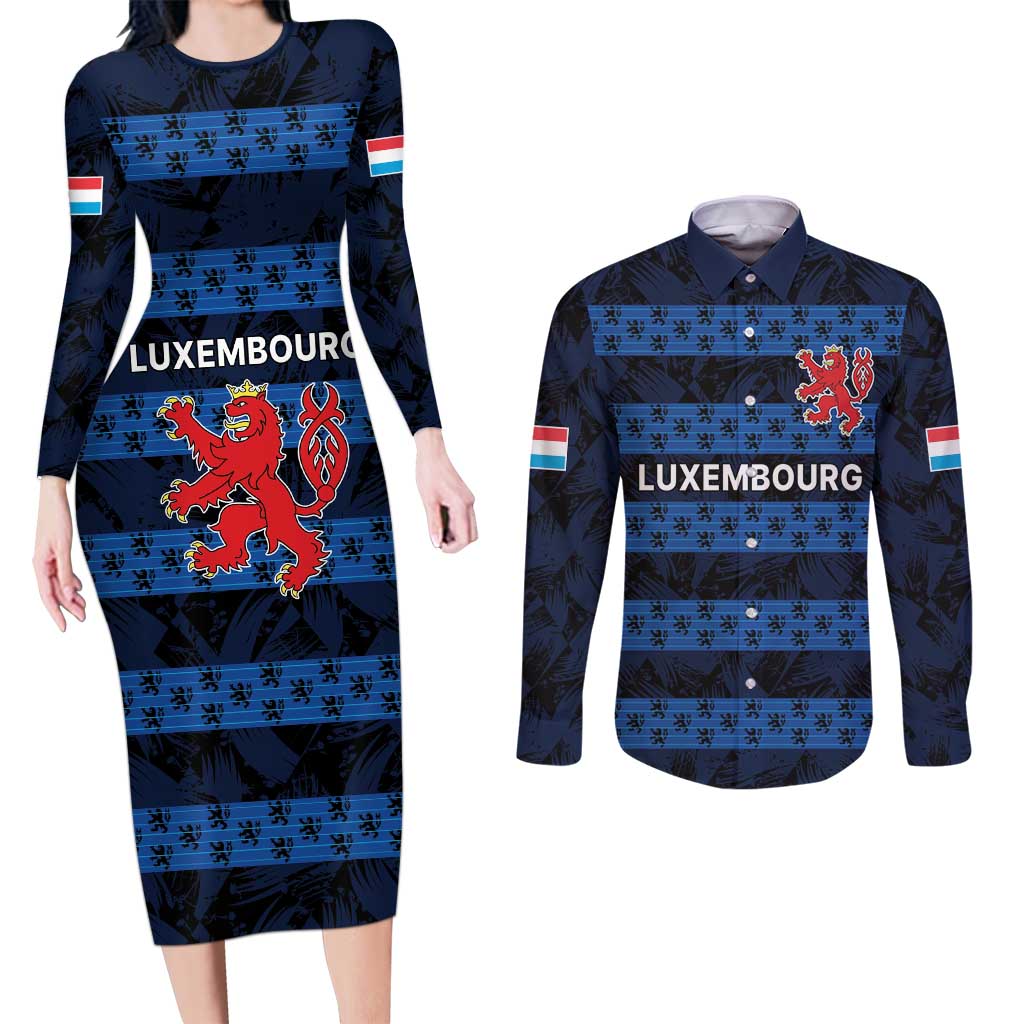 Luxembourg Football Custom Couples Matching Long Sleeve Bodycon Dress and Long Sleeve Button Shirt The Red Lions Tribal Pattern LT9 - Wonder Print Shop