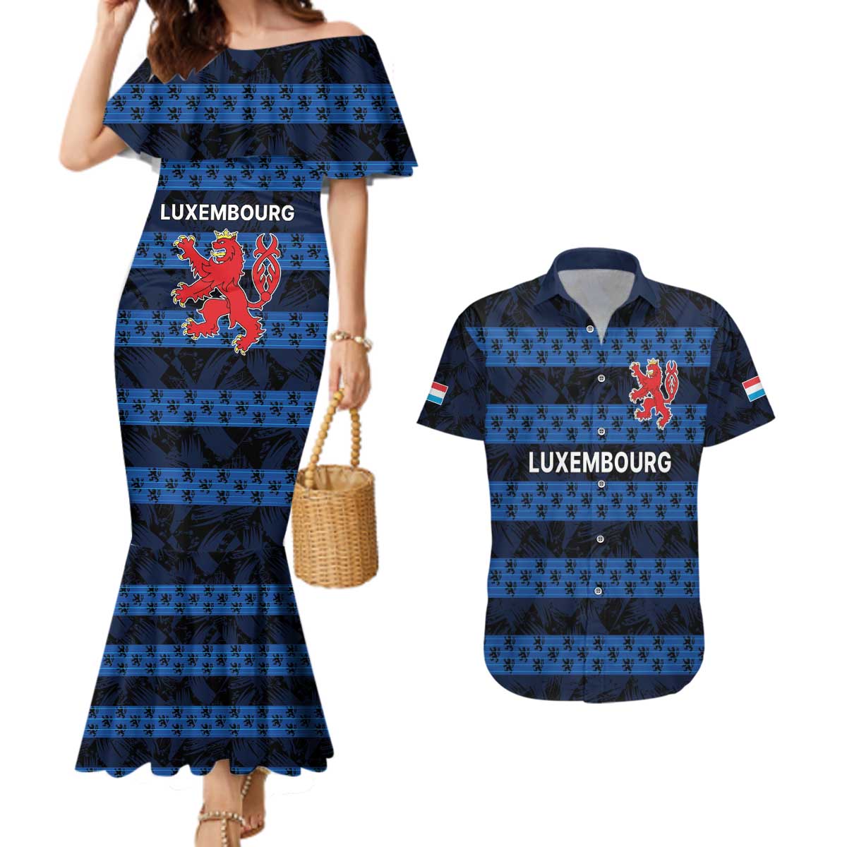 Luxembourg Football Custom Couples Matching Mermaid Dress and Hawaiian Shirt The Red Lions Tribal Pattern LT9 - Wonder Print Shop