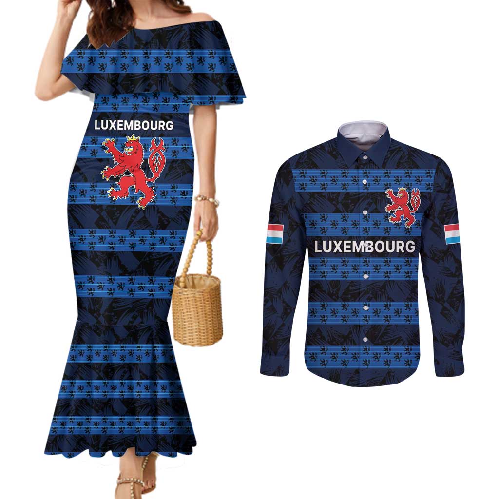 Luxembourg Football Custom Couples Matching Mermaid Dress and Long Sleeve Button Shirt The Red Lions Tribal Pattern