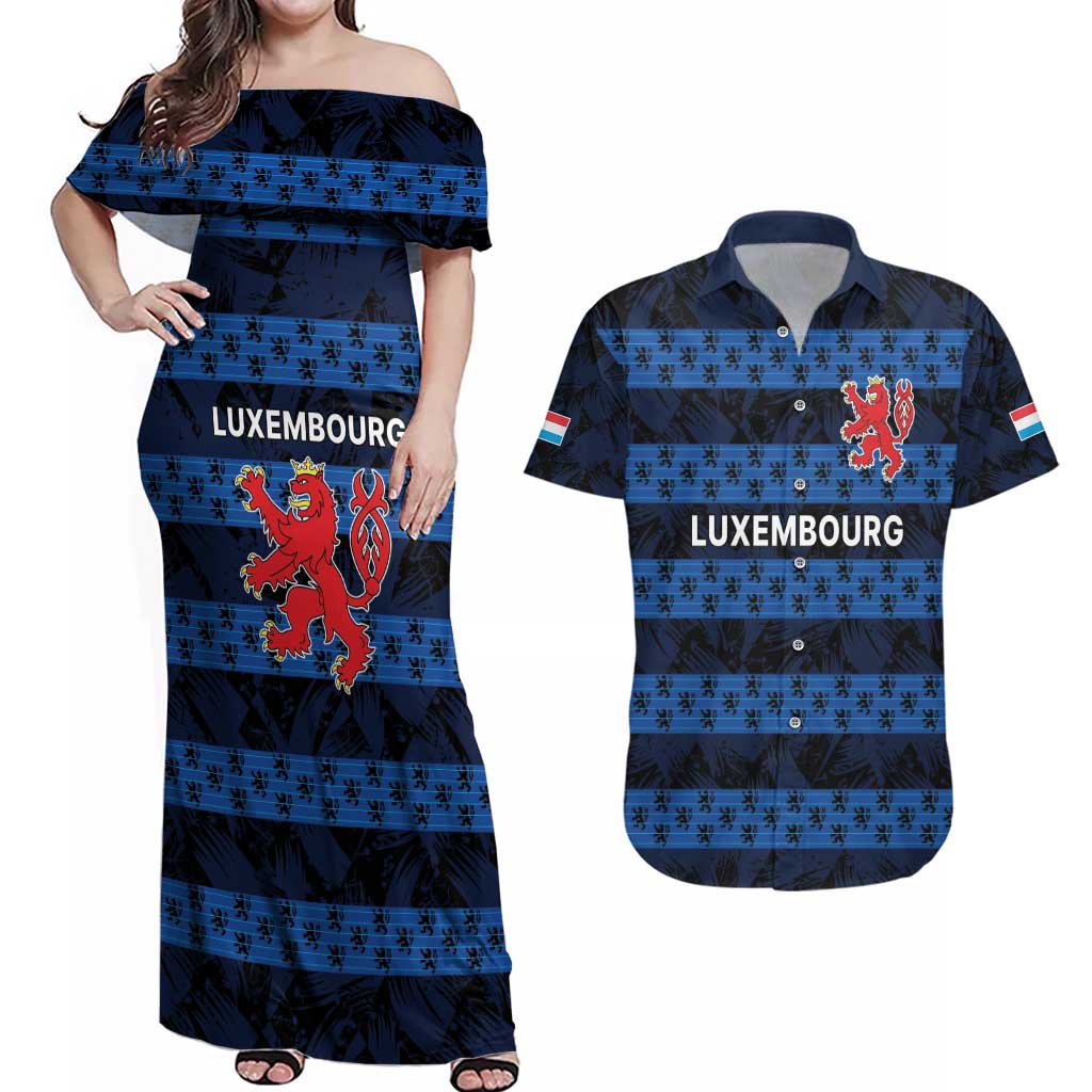 Luxembourg Football Custom Couples Matching Off Shoulder Maxi Dress and Hawaiian Shirt The Red Lions Tribal Pattern LT9 - Wonder Print Shop