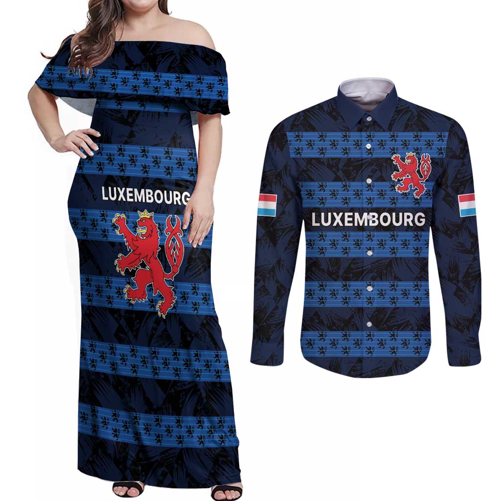 Luxembourg Football Custom Couples Matching Off Shoulder Maxi Dress and Long Sleeve Button Shirt The Red Lions Tribal Pattern LT9 - Wonder Print Shop