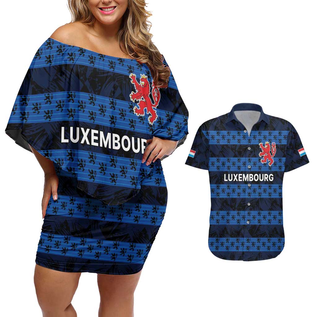 Luxembourg Football Custom Couples Matching Off Shoulder Short Dress and Hawaiian Shirt The Red Lions Tribal Pattern LT9 - Wonder Print Shop