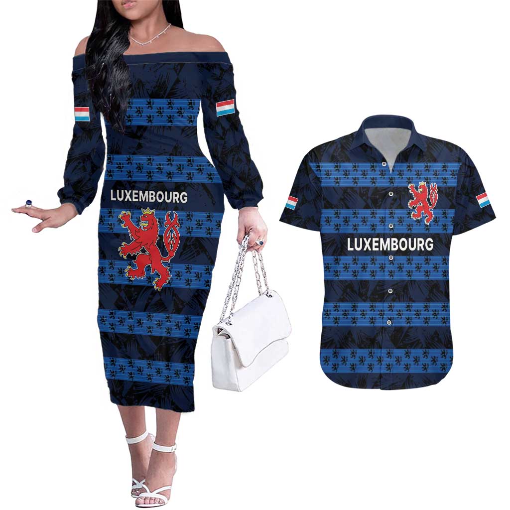 Luxembourg Football Custom Couples Matching Off The Shoulder Long Sleeve Dress and Hawaiian Shirt The Red Lions Tribal Pattern LT9 - Wonder Print Shop