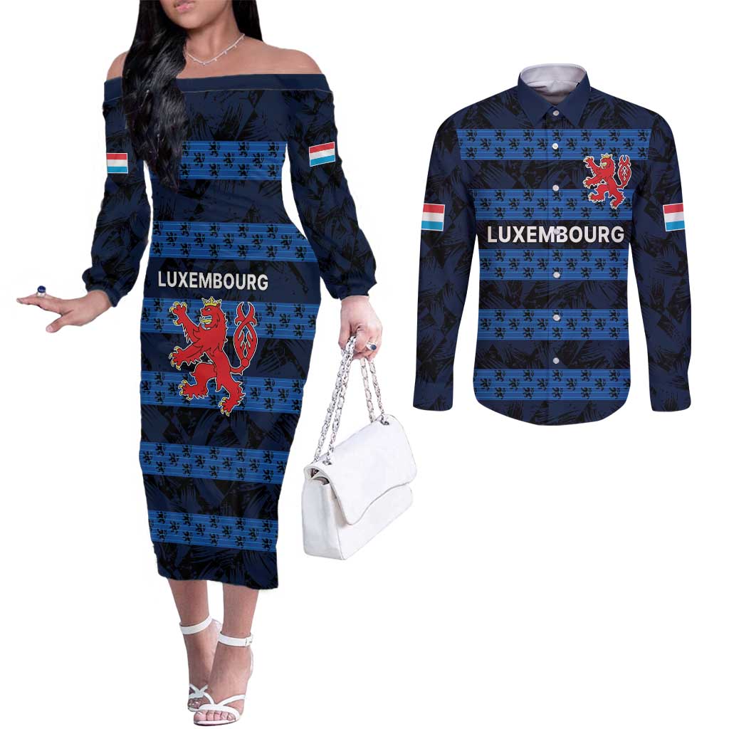 Luxembourg Football Custom Couples Matching Off The Shoulder Long Sleeve Dress and Long Sleeve Button Shirt The Red Lions Tribal Pattern