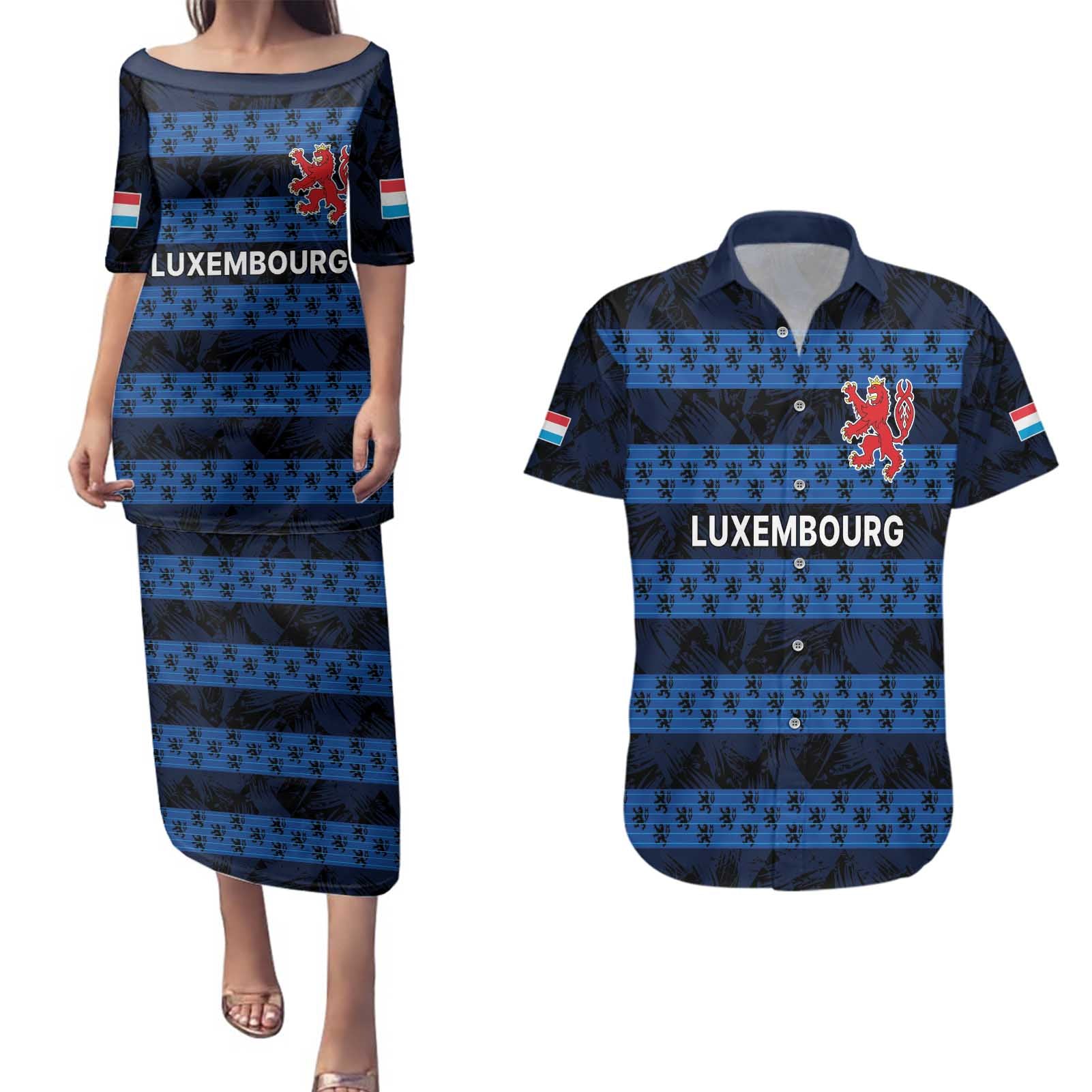 Luxembourg Football Custom Couples Matching Puletasi and Hawaiian Shirt The Red Lions Tribal Pattern LT9 - Wonder Print Shop