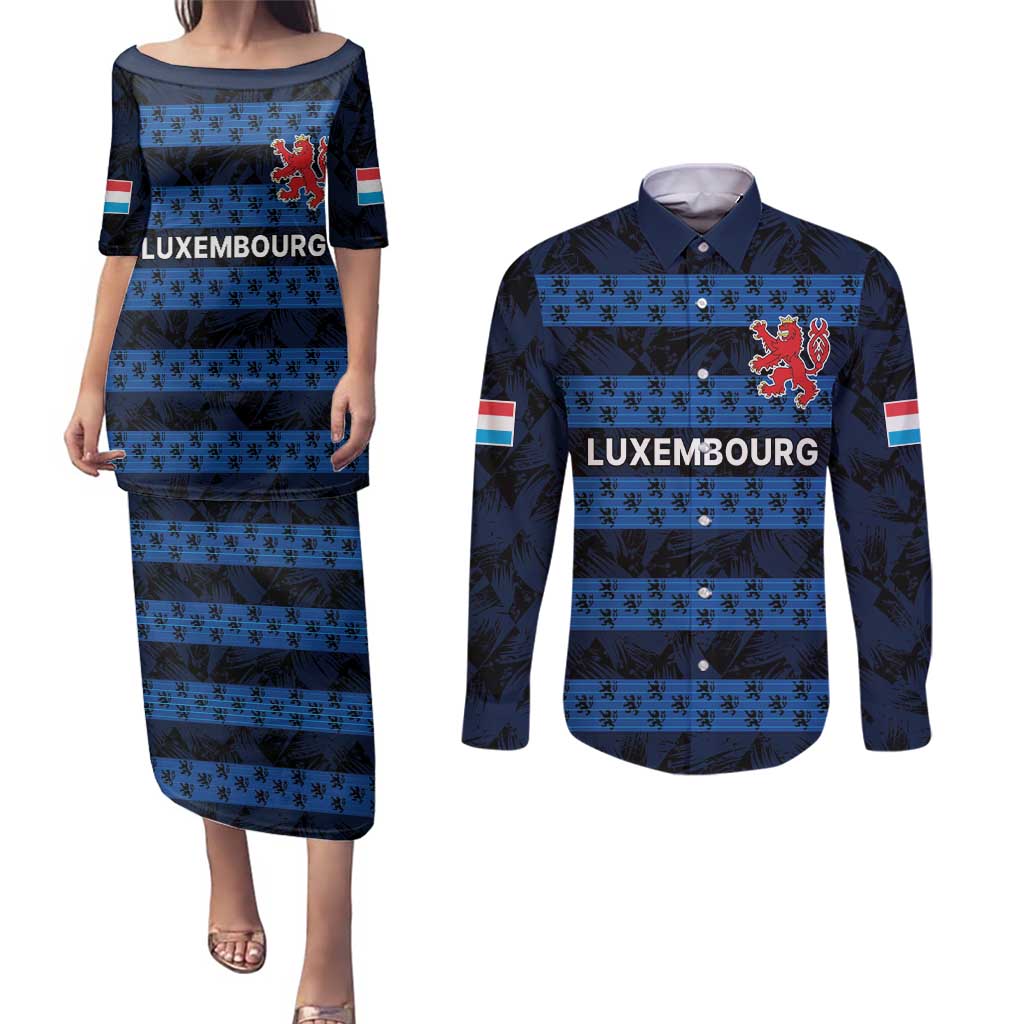 Luxembourg Football Custom Couples Matching Puletasi and Long Sleeve Button Shirt The Red Lions Tribal Pattern LT9 - Wonder Print Shop