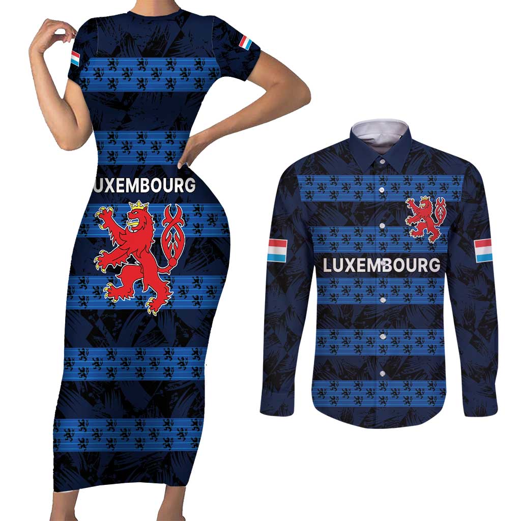 Luxembourg Football Custom Couples Matching Short Sleeve Bodycon Dress and Long Sleeve Button Shirt The Red Lions Tribal Pattern LT9 - Wonder Print Shop