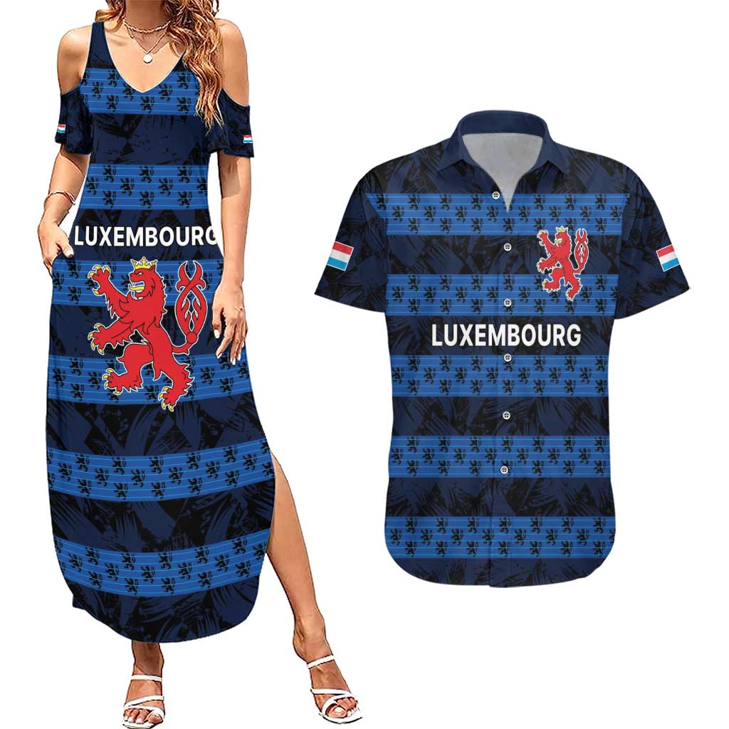 Luxembourg Football Custom Couples Matching Summer Maxi Dress and Hawaiian Shirt The Red Lions Tribal Pattern LT9 - Wonder Print Shop